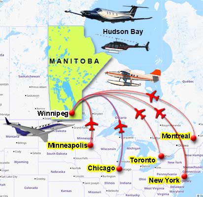 Manitoba flight map showing routing via Winnipeg to Churchill