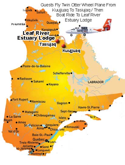 Map Showing Flights to Leaf River Estuary Lodge Quebec